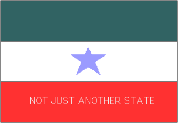 [Faded blue star, only on the white stripe, flag ratio approximately 2:3, border around the drawing, text well within the stripe and in white]